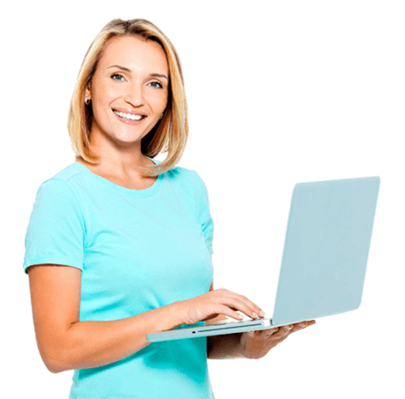 A happy woman who wants to buy hcg with her laptop